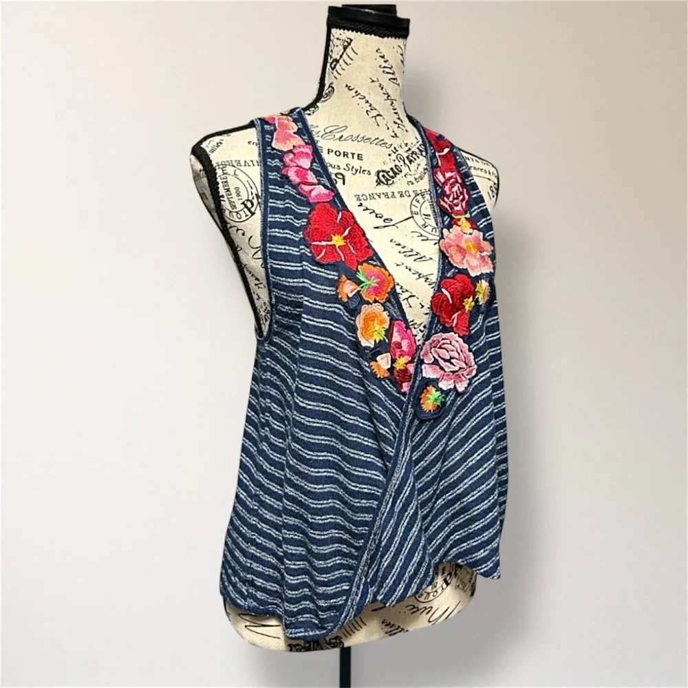Free People XS Blue Striped Embroidered Faux Wrap Tank Boho Floral Top Festival‎